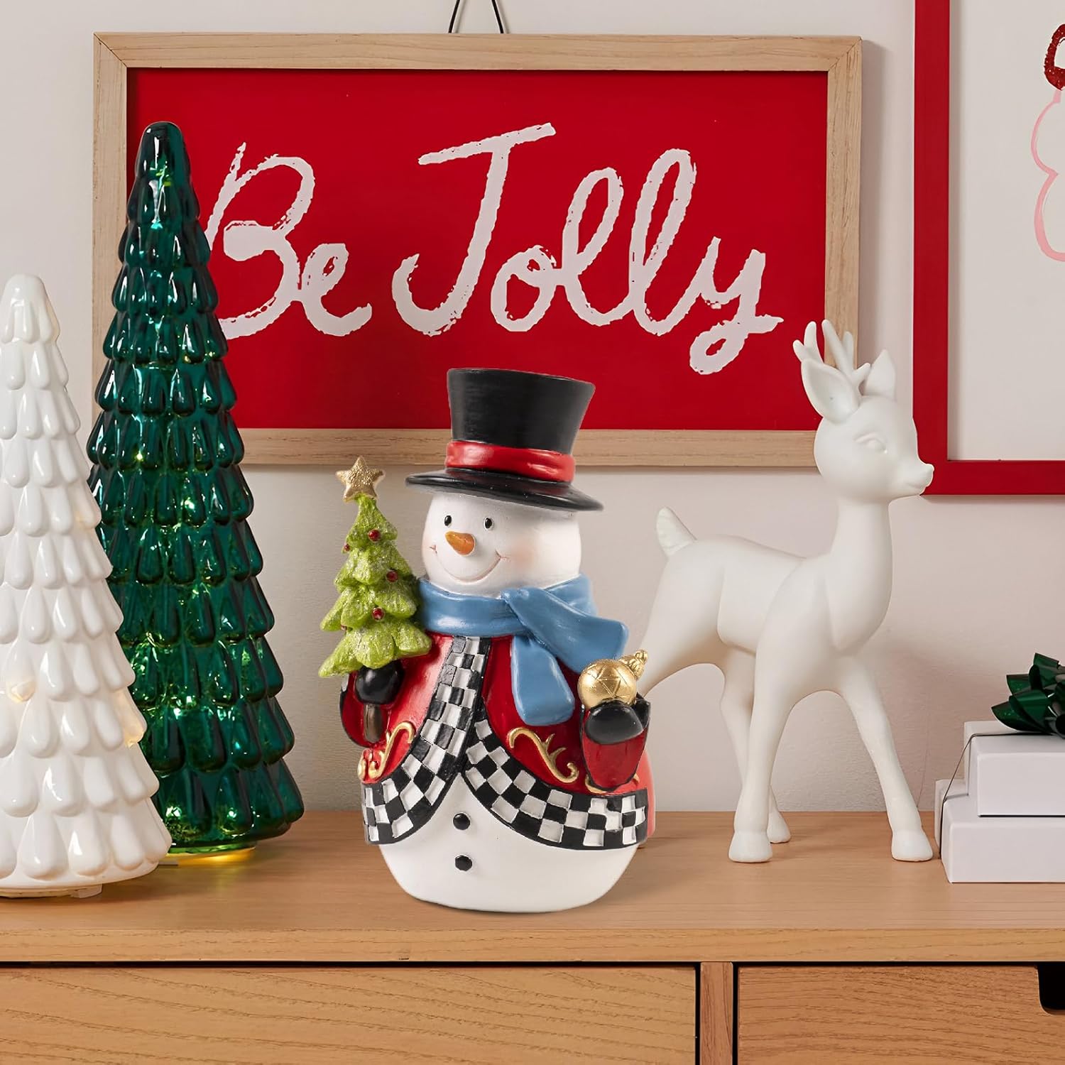 Snowman Figurines - 7.1x4.9 Inch Resin Christmas Decorations | Black and White Checkered Indoor Decor