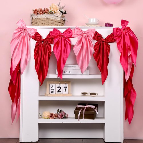 Pink Bow Garland Banner for Bachelorette Party Decorations Satin Ribbon Bow Knot Hanging Garland Banner Red Birthday Decor for Bridal Shower Wedding Engagement Party Supplies Favors (3 Red)