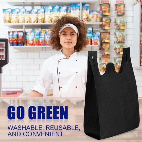 Windyun Large Grocery T-shirt Bags Bulk Reusable Non Woven Shopping Bag Foldable Gift Tote with Handle, 21x11x6 Inch(200 Pcs,Black)