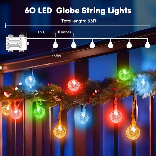 Minetom Crystal Globe String Lights - 33 ft 60 LED Waterproof Fairy Lights with Remote & 8 Modes | Multicolor Decor for Bedroom, Tent, Patio & Parties