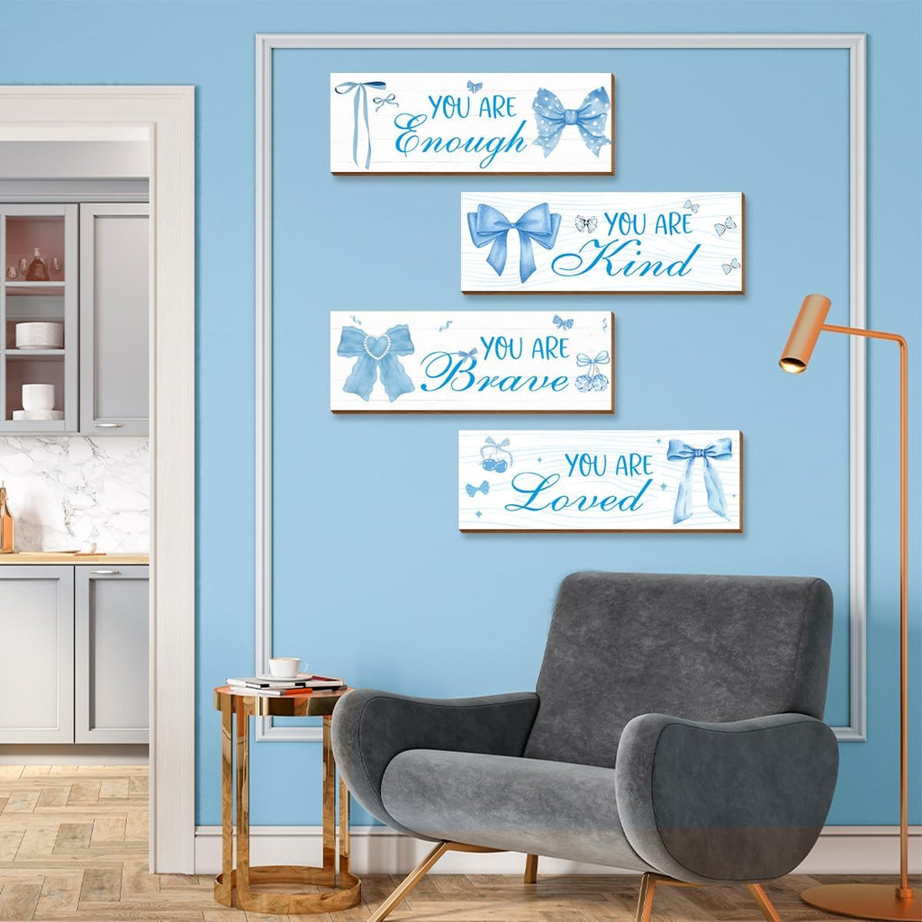 Skiennix 4 Pcs Blue Coquete Bow Room Decor - Trendy Preppy Wall Art for Teen Girls' Bedroom & Bathroom