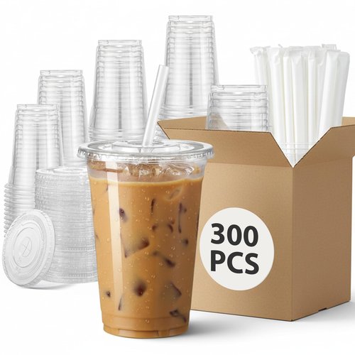 Cheery Land 16 oz Disposable Cups with Lids and Straws, 300 PCS Clear Plastic Coffee Cups with Lids, Cold Crystal Drink Cup for Party Supplies