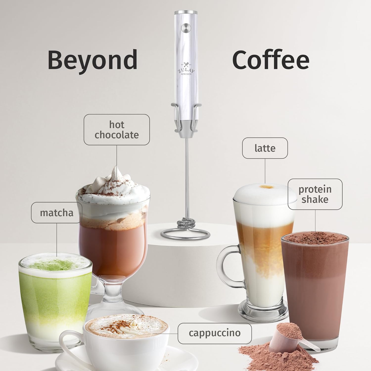 Zulay Kitchen Rechargeable Milk Frother Handheld Lux - Powerful 2-Speed Motor, Waterproof, 2000mAh Battery - Drink Mixer for Latte, Cappuccino, Matcha & Protein Powder - White Marble