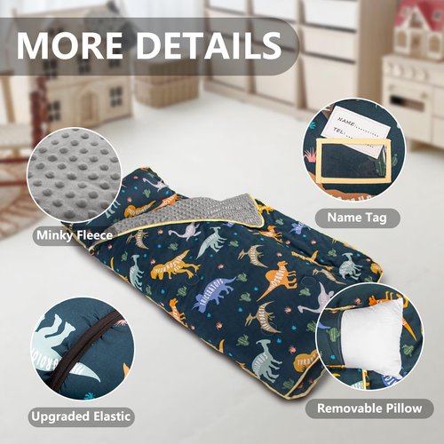 Primlect Thick Toddler Nap Mat with Removable Pillow and Minky Blanket, 45" x 35" Sleeping Bag, Fits Kids 24–36 inch, Washable, Portable for Daycare, Boys and Girls (Dinosaur)