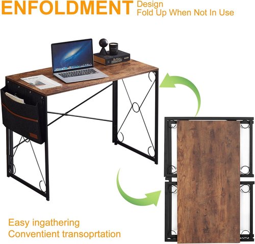VECELO Folding Desk with Storage Bag 39 Inch Writing Desk Home Office Sturdy Steel Laptop Table for Home Office Work Retro Brown