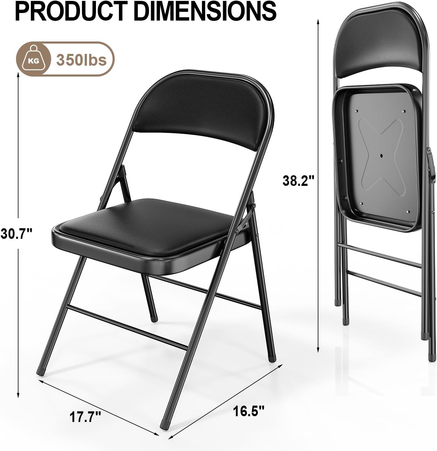 VINGLI Folding Chairs - 6 Pack with Padded Seats & Metal Frame - 350 lbs Capacity, Black
