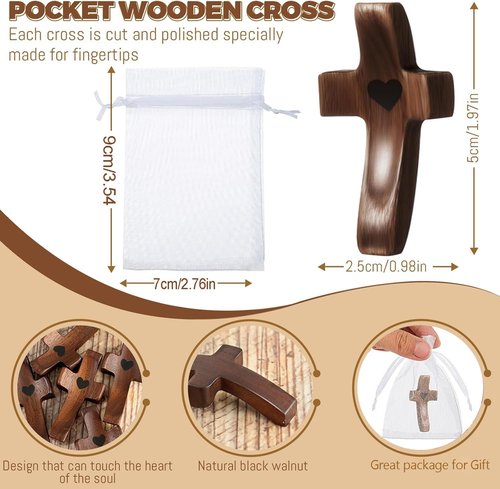 Handmade 10Pcs Wooden Cross Fidget Bulk with Organza Bags - Stress Relief Pocket Cross My Heart for Christian, Pocket Prayer Cross, Religious Easter Day Gifts