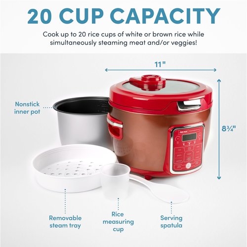 Cool Touch Rice Cooker with Glass Lid, Food Steamer, Slow Cooker, Multicooker with 11 Preset Functions, Steam Tray, Measuring Cup, Rice Spatula, 20 Cups (Cooked)