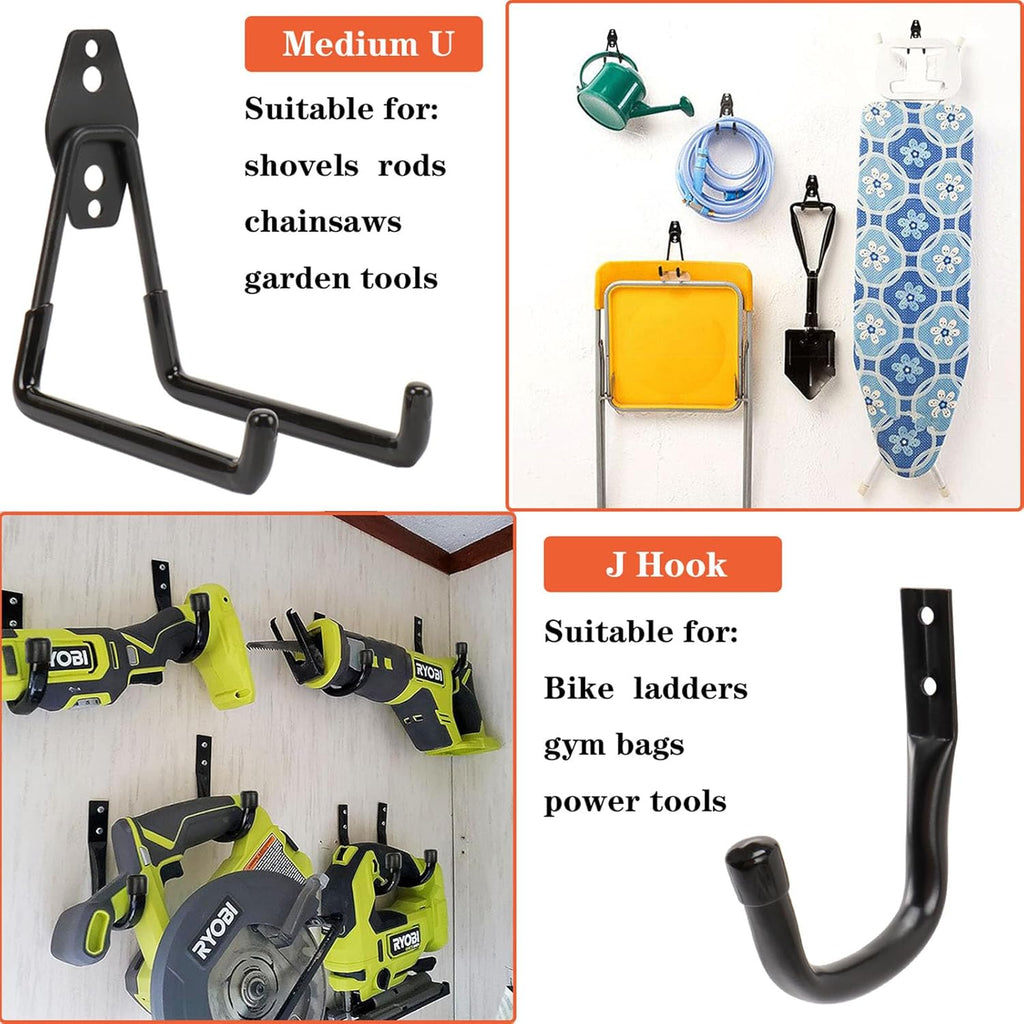 TocTen Garage Hooks - Heavy Duty Solid Steel Wall Mount Storage Kit | 14 Pack with Anti-Slip Coating for Tools & Ropes (Black)