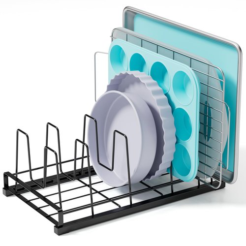 GAGUIUP Food Container Lid Organizer, Adjustable 6 Dividers Full-Metal Pot and Pan Organizer Rack for Kitchen Cabinets, Drawers, Cupboards, Pantry Shelves Storage, Black