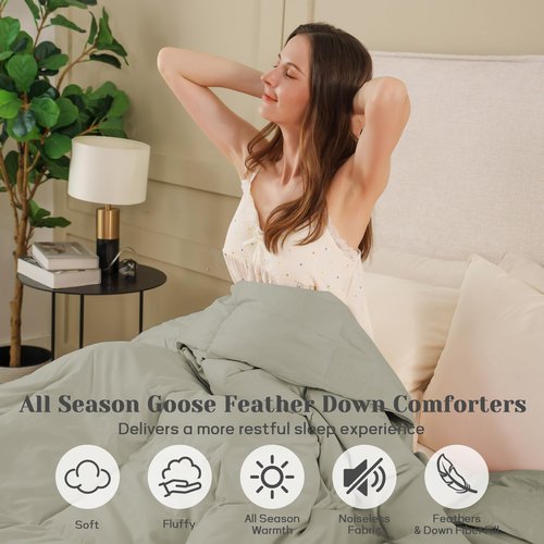 Joysoul Queen Size Down Comforter - All Season Ultra Soft Goose Down & Feather Fiber Fill, Luxury Hotel Sage Green Duvet Insert with Corner Tabs (88" X 88")