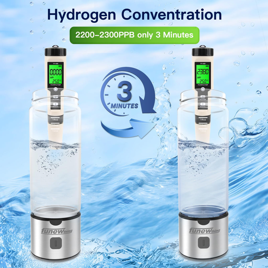 Hydrogen Water Bottle Generator, 2500ppb Portable Water Ionizer Machine with SPE/PEM Technology in 3-Minute Electrolysis, Rechargeable Hydrogen Rich Glass Cup for Home Office Travel & Fitness