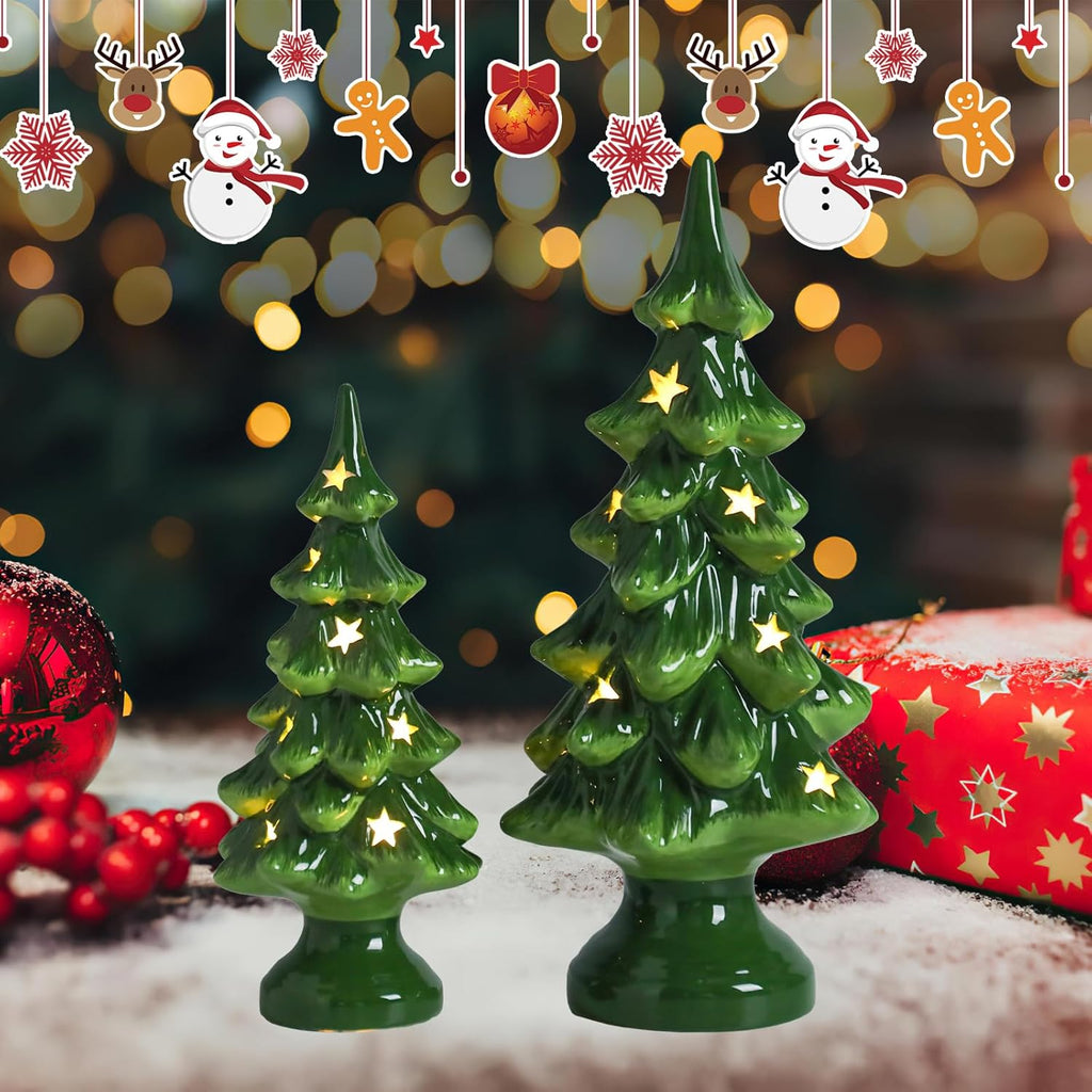 Taman Ceramic Christmas Tree | Light Up Tabletop Decoration Set of 2 - 10” & 7.5” with Warm Lights