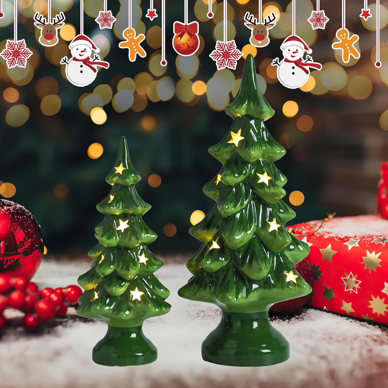 Taman Ceramic Christmas Tree | Light Up Tabletop Decoration Set of 2 - 10” & 7.5” with Warm Lights