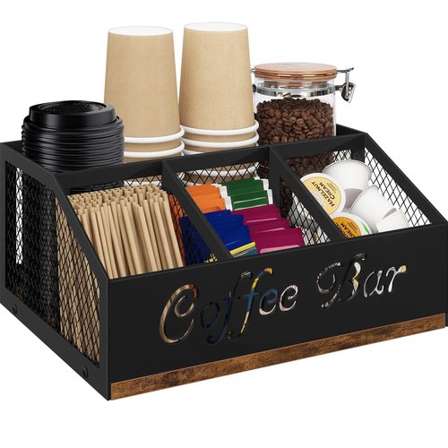 BCOZLUX Coffee Station Organizer, Rustic Brown Wooden Countertop Coffee Bar Accessories Organizer with Metal Mesh Compartments for Pods, Syrup, Cups, Stirrer, Tea