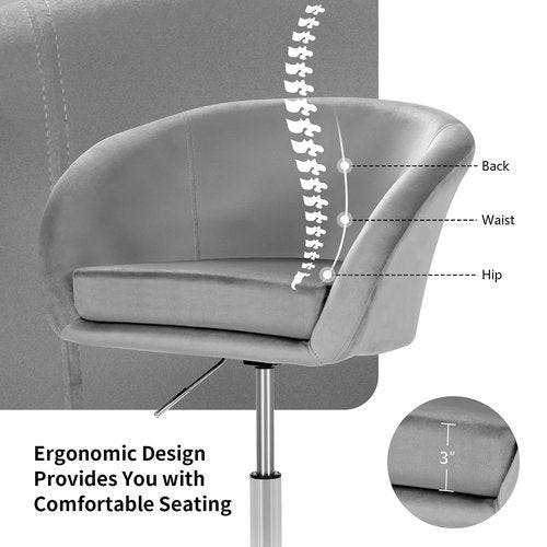 COSTWAY Vanity Chair, Height Adjustable Modern Velvet Makeup Chair with Chrome Frame, Round-Back, Comfortable Swivel Accent Leisure Chair for Living Room, Bedroom (Grey)