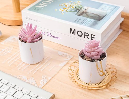 Der Rose Artificial Succulent Plants - Set of 2 Mini Fake Succulents for Office Desk Decor | Pink