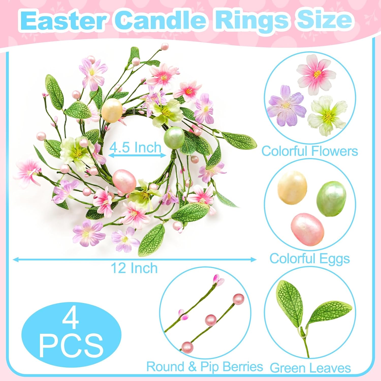 Skiennix 12-Inch Easter Wreath - Colorful Eggs & Flowers for Home Decor | Spring Mini Wreath