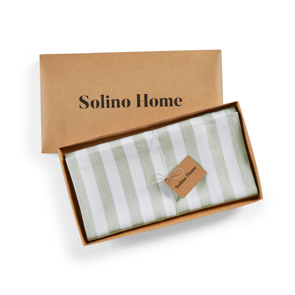 Solino Home Linen Tablecloth 52 x 52 Inch - Sorrento Stripe, 100% Pure Linen Sage and White Square Tablecloth - Machine Washable Table Throw for Spring, Summer, Mothers Day