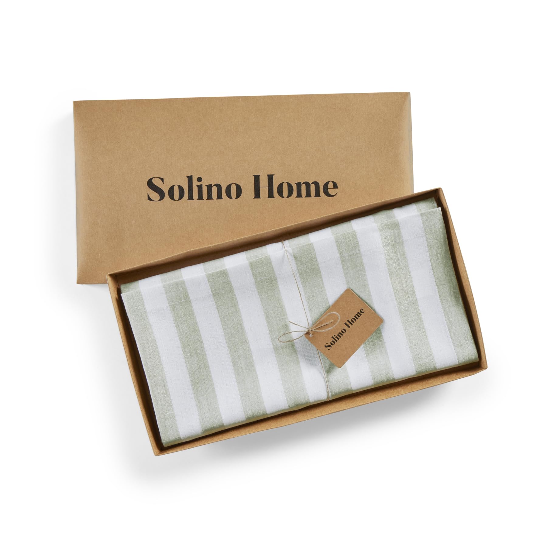 Solino Home Linen Tablecloth 52 x 52 Inch - Sorrento Stripe, 100% Pure Linen Sage and White Square Tablecloth - Machine Washable Table Throw for Spring, Summer, Mothers Day