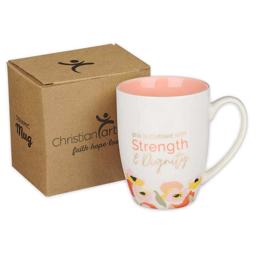 Strength and Dignity Peach Poppy Ceramic Coffee Mug - Proverbs 31:25