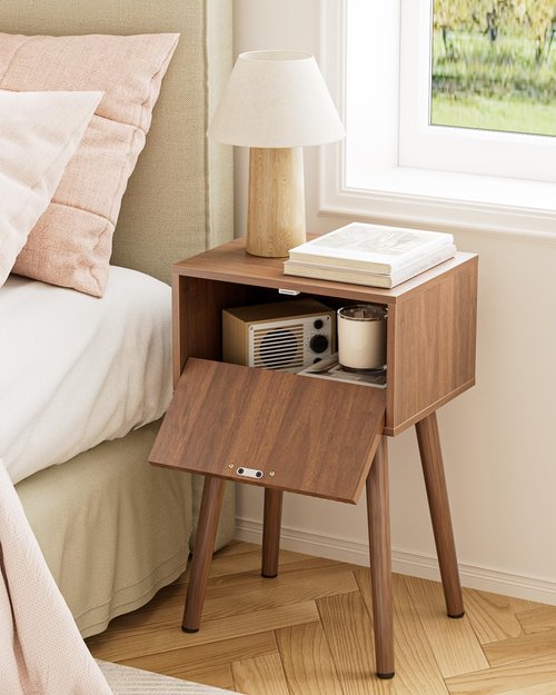 ASACESCU Night Stand Set 2, Walnut Nightstand with Fluted Doors, Small Modern Mid-Century Bedside Table for Bedroom, End Table for Living Room