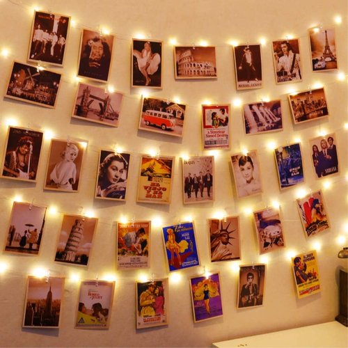 HXWEIYE 50LED Photo String Lights - Warm White 16.4Ft Battery-Powered Fairy Lights with 52 Clips & 10 Hooks for Pictures, Dorms, Parties