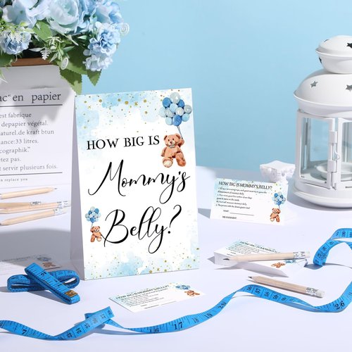 Sabary 64 Pcs Baby Shower Games Include How Big is Mommy's Belly Sign Measure Bump Game 50 Cards 10 Pencils 3 Measuring Tapes for Baby Shower Gender Reveal Party Supplies(Blue Bear)