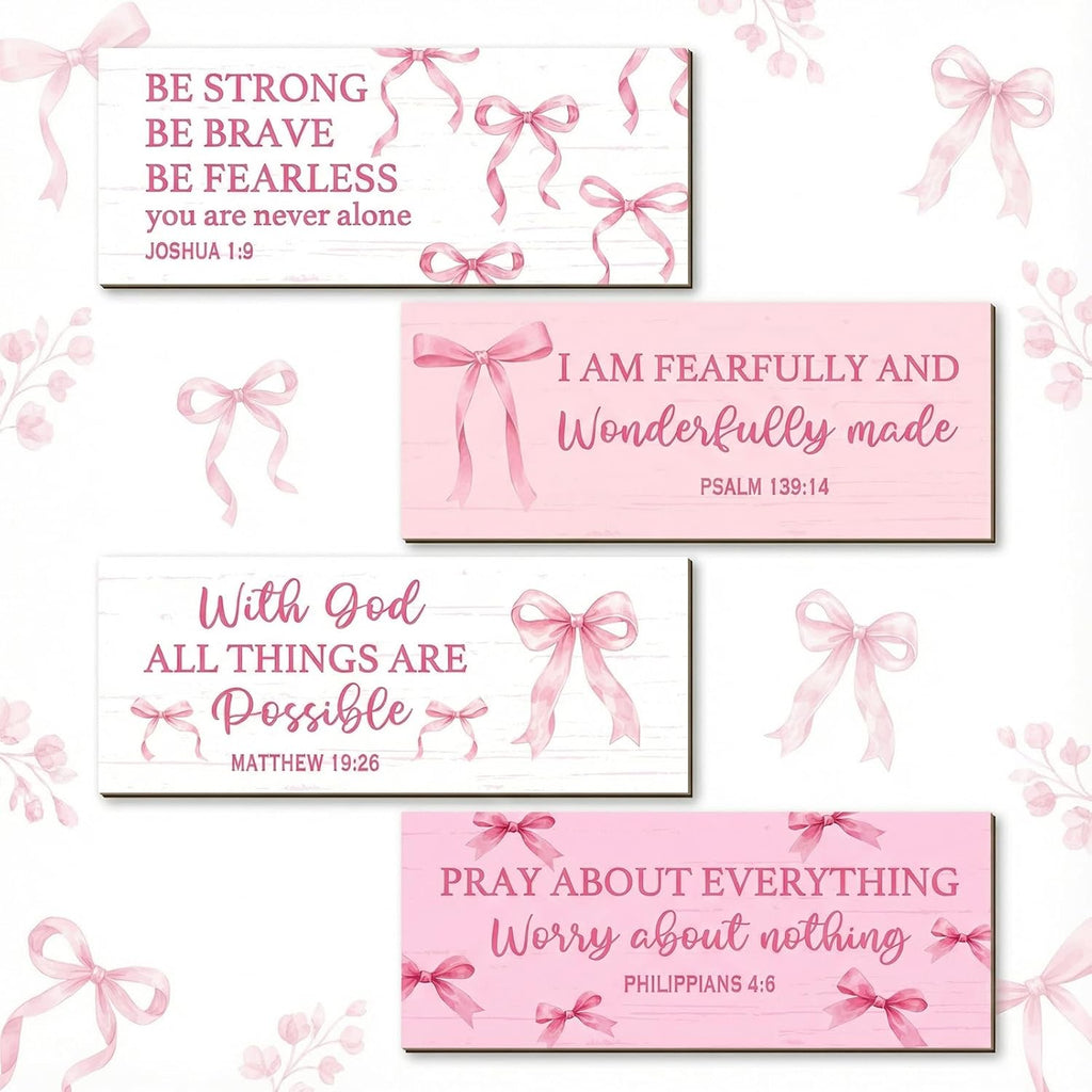 Skiennix Pink Bow Coquette Wooden Wall Decor - Inspirational Christian Art for Nursery & Bedroom