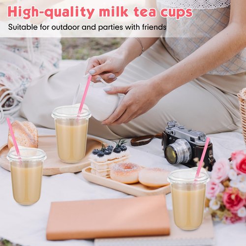 Ziliny 50 Sets Clear Plastic Cups with Heart Shaped Pink Straws and Strawless Lids Disposable Round Bottom PET Cups for Iced Coffee Cold Beverage Party Wedding Bridal Shower (Clear,16 oz)