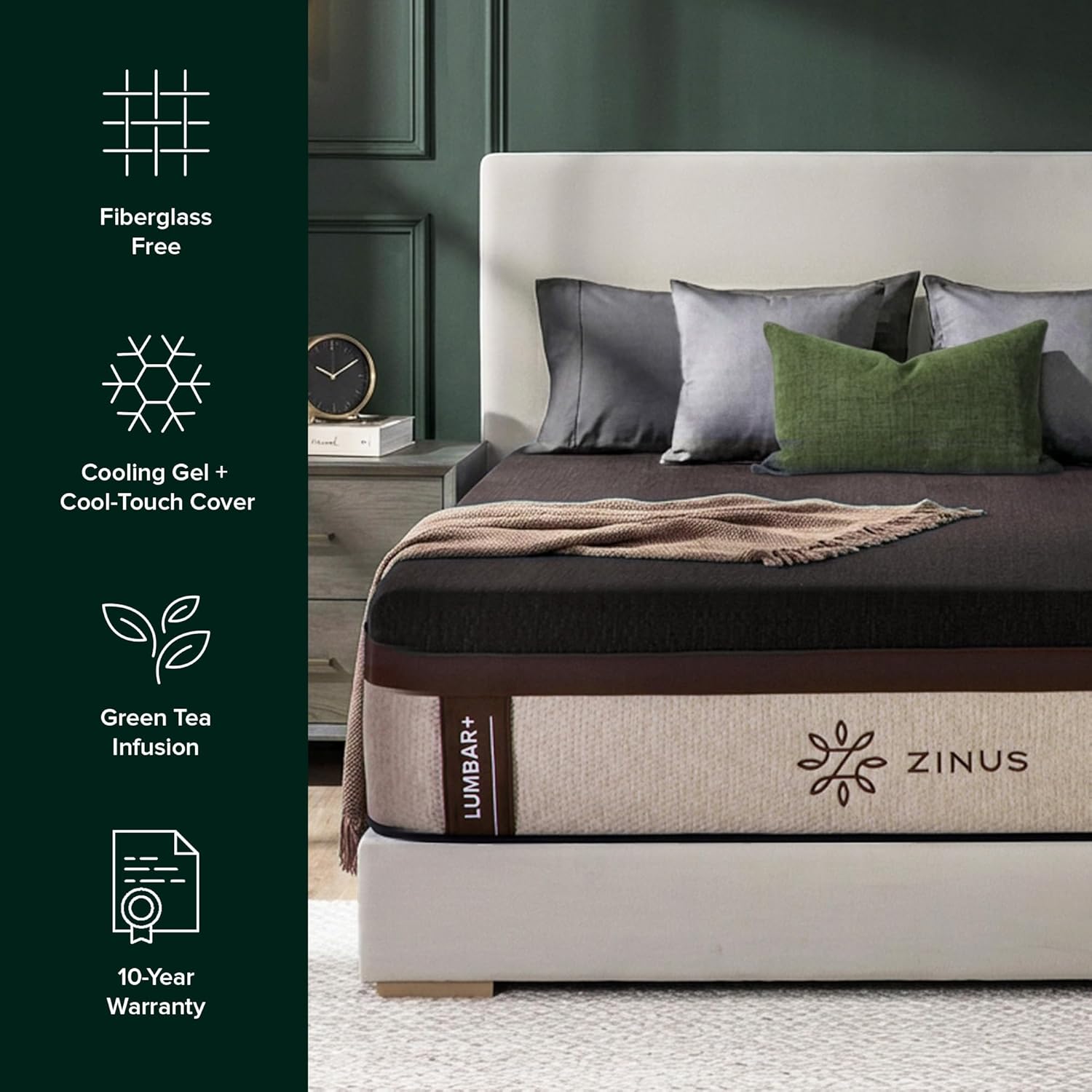 Zinus Lumbar+ 14-Inch Memory Foam Mattress - Premium Lumbar Support & Cooling Gel | Queen Size, Medium Firm
