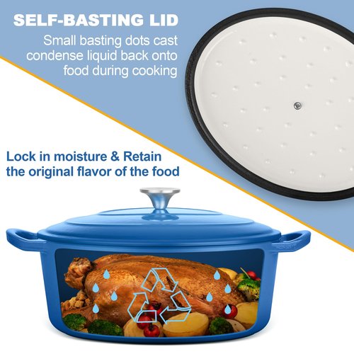 E-far 5QT Oval Dutch Oven Pot with Lid, Enameled Cast Iron Dutch Oven with Dual Handles for Sourdough Bread Baking Cooking, Nonstick Enamel Coated Cookware(Blue), Non-Toxic & Easy Clean