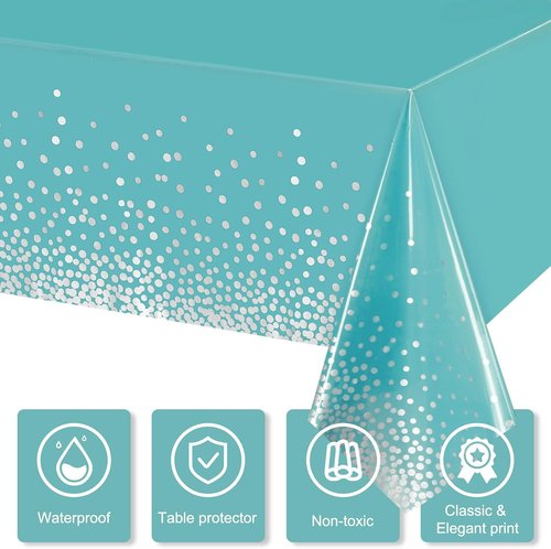 Breling Disposable Tablecloth Set - Teal Blue & Silver Dot Design | 54 x 108 Inch for Parties & Events