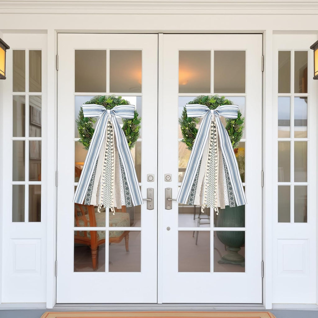 Suncalla Ribbon Bow Bundle - 2 Pcs Grayish Blue & Ivory for Large Wreaths | Indoor & Outdoor Decor