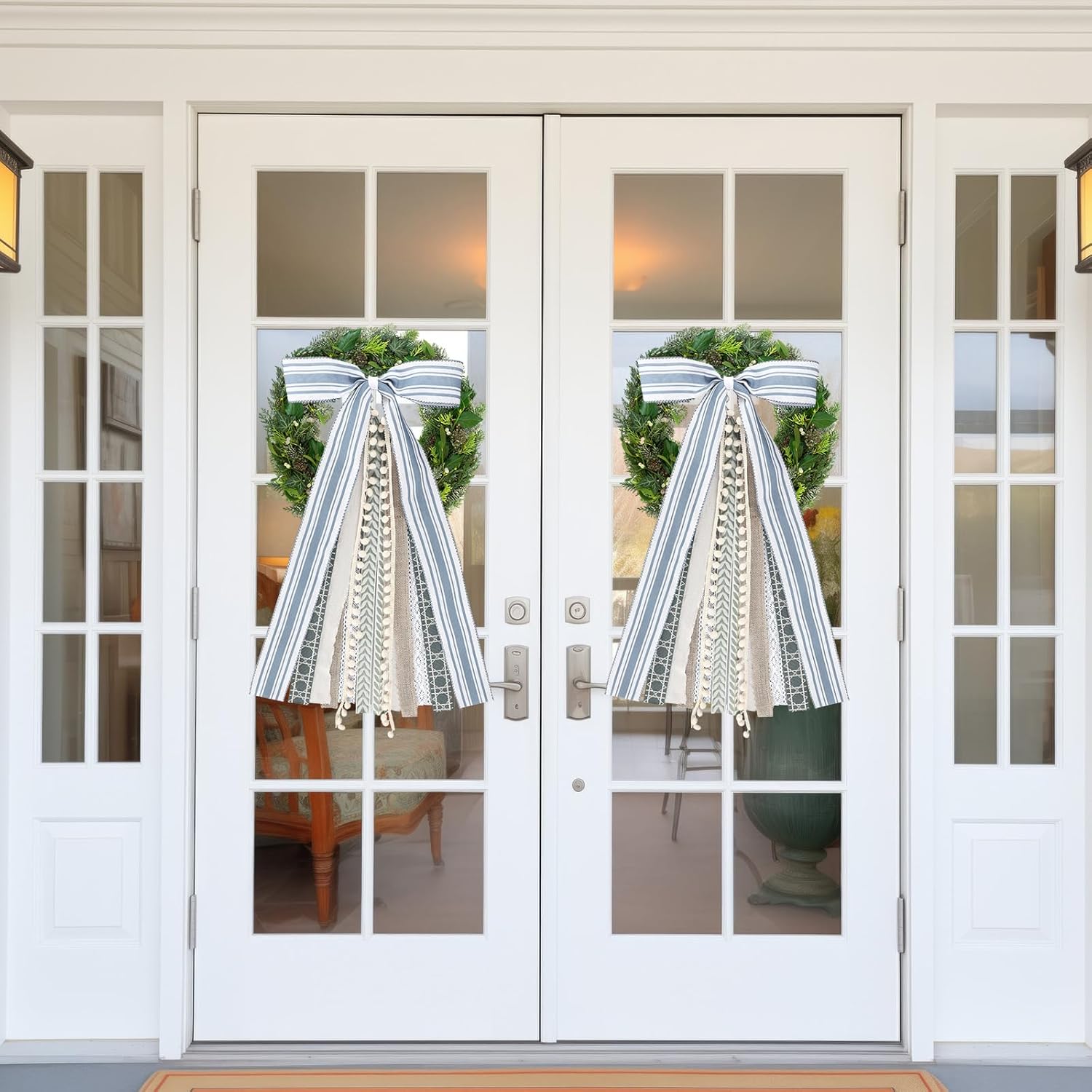 Suncalla Ribbon Bow Bundle - 2 Pcs Grayish Blue & Ivory for Large Wreaths | Indoor & Outdoor Decor