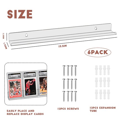 6 Pack Sport Card Display Shelf for Wall - Hold Up to 30 Trading Cards, Acrylic Sport Card Display Rack for PSA SGC BGS Graded Trading Slabs