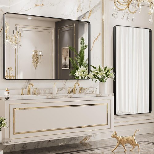 LOAAO Black Metal Framed Bathroom Mirror - 40x24 Inch Rounded Rectangle, Anti-Rust, Versatile Hanging Options