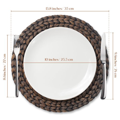 6 Pack, Round Woven Placemats, Natural Water Hyacinth Wicker Place mats, Braided Straw Table Mats for Dining Table, Fall, Halloween, Thanksgiving, Chrismats, Black (13.8 inch)