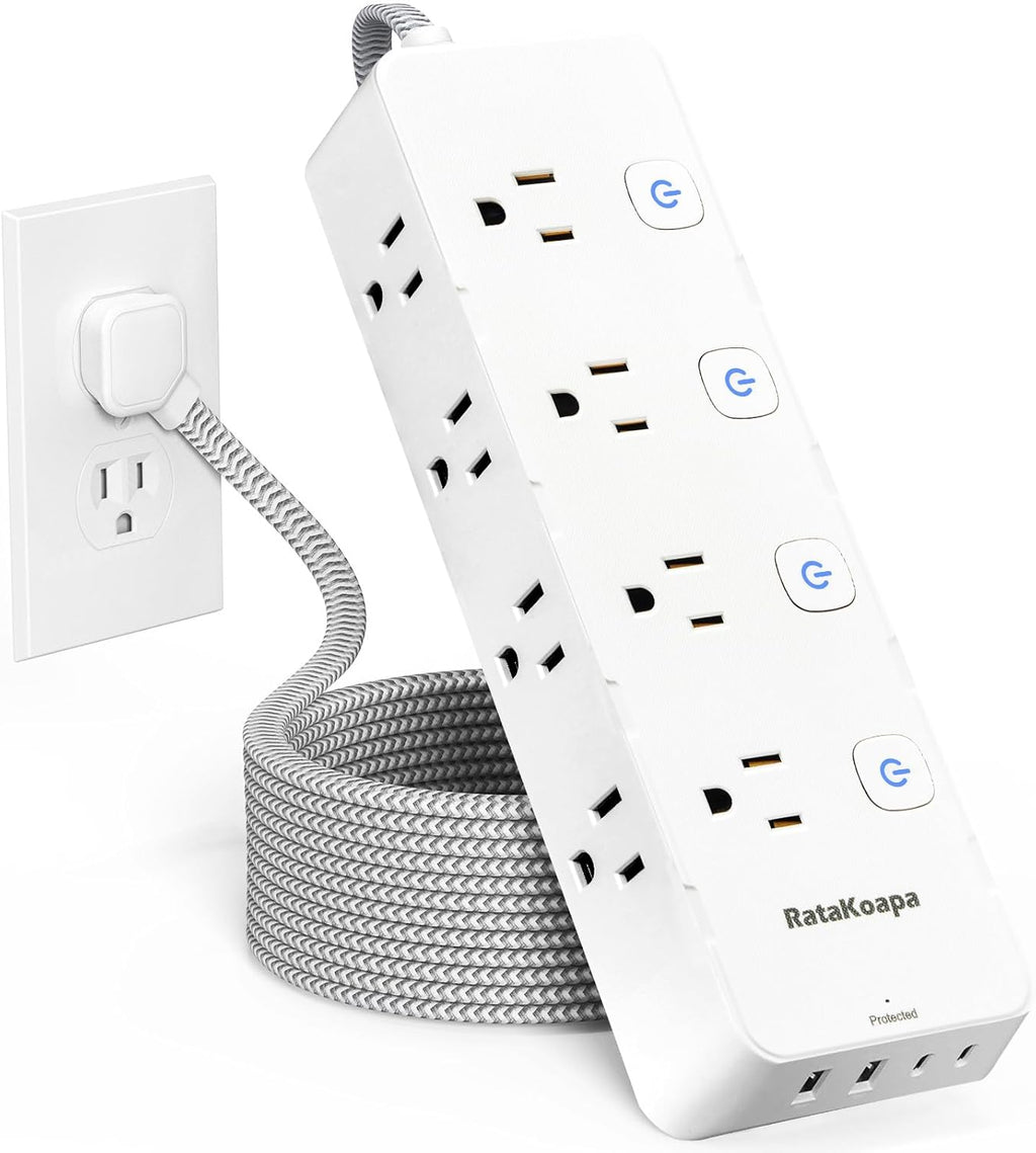 Skiennix 10 Ft Surge Protector Power Strip - 8 AC Outlets & 4 USB Ports with Individual Switches | Flat Plug Extension Cord for Home & Office
