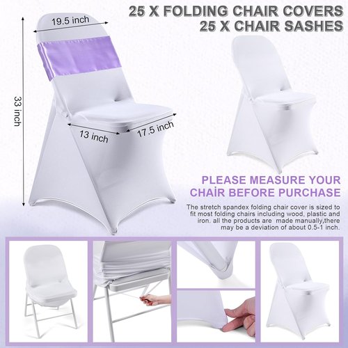 Lounsweer Folding Chair Cover Set - 50 Pcs with 25 Stretch Spandex Slipcovers & Satin Sashes | White & Lavender