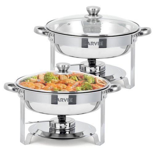 Round Chafing Dishes for Buffet, Stainless Steel Chafing Dish Buffet Set with Glass Lid, Food & Water Pans, Food Warmers Set with Fuel Holder for Weddings Parties Catering Events