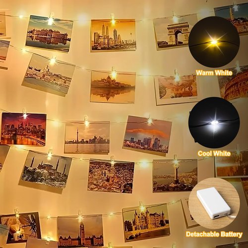 17FT 100LEDs Rechargeable Photo Clips String Light,Remote Control,3 Off Timer,Tangle-Free,Detachable Battery Operated Fairy Lights,Dorm Room Essential for Girl,Christmas(Cool+Warm White,1Pack)