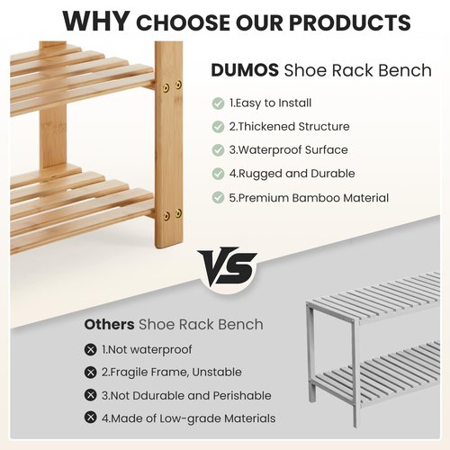DUMOS Shoe Rack Bench, 3-Tier Bamboo Entryway Benches, Holds Up to 286 lb Storage Organizer, 11.22 x 27.6 x 18 Inches, Suitable for Bedroom Living Room Balcony, Classical Wood