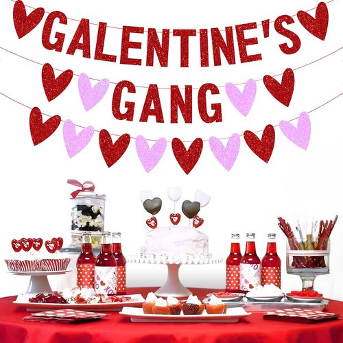 ricluck Galentines Gang Banner Decorations, Red Heart Banner Girls Ladies Celebration Valentine Fireplace Decor Valentine's Day Party Supplies
