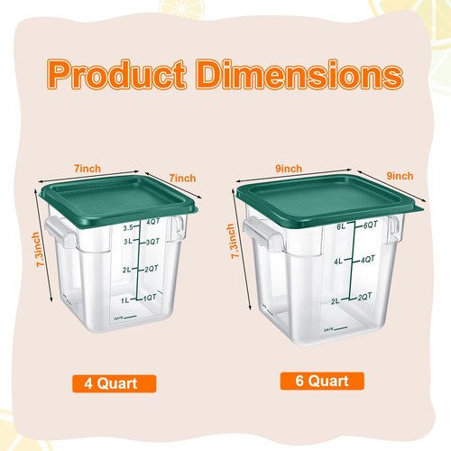 Suclain 8 Pack 4 QT and 6 QT Food Storage Containers with Lids Scales Handles Square Clear Restaurant Food Storage Containers Polycarbonate Commercial Grade for Kitchen Marinating Meat Dough(Green)