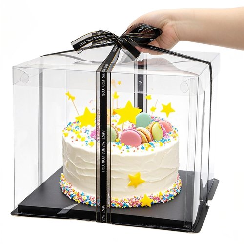 Cididu 6 Pack Large Clear Cake Box with Ribbon, Tall Cake Box Carrier 12x12x10 Inch, Tiered Transparent Cake Packaging Boxes with Lid and Board, PET Clear Gift Containers for Birthday Wedding Party