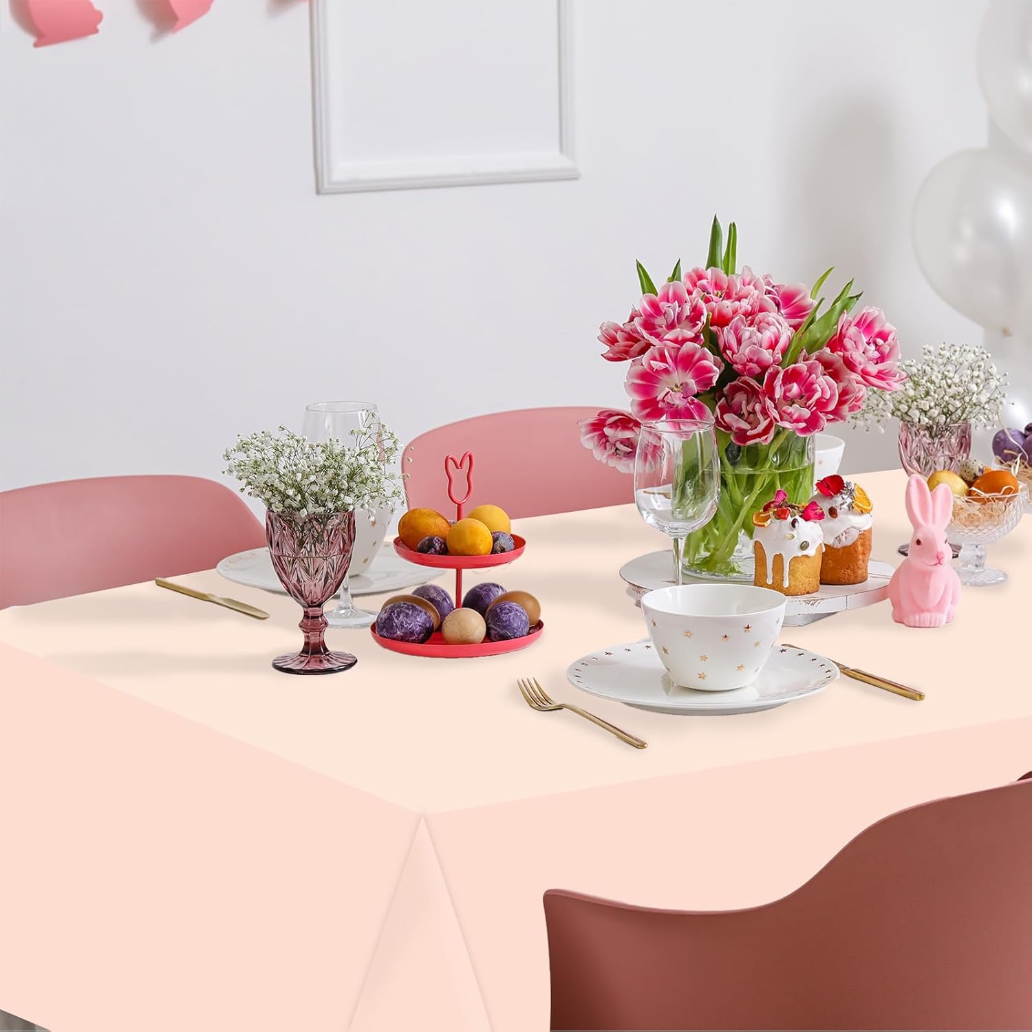 Whaline 16Pcs Pink Plastic Tablecloth Set - Waterproof Rectangle Table Covers for Parties | 54 x 108 Inch