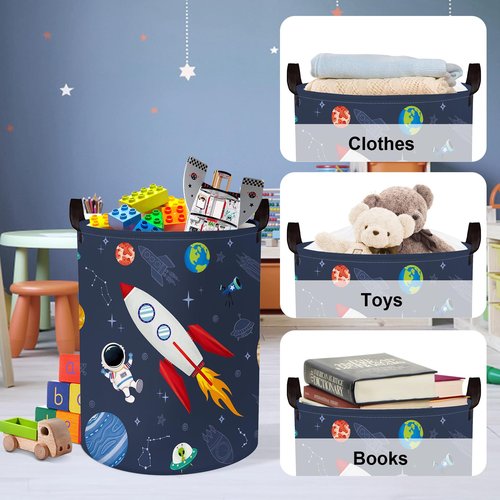 Clastyle 63L Cosmic Astronaut Rocket Laundry Hamper for Boy Large Large Collapsible Dirty Clothes Kid Laundry Basket Dark Blue Toys Storage Basket with Lid, 15.7x19.7 in