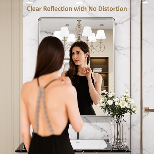 LOAAO Brushed Nickel Bathroom Mirror - 20x30 Inch Rounded Rectangle Design | Anti-Rust & Shatter-Proof
