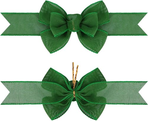 Meseey Emerald Green Wired Ribbon - Handmade Burlap Bows for Wreaths & Gift Wrapping | 2 Pcs Set
